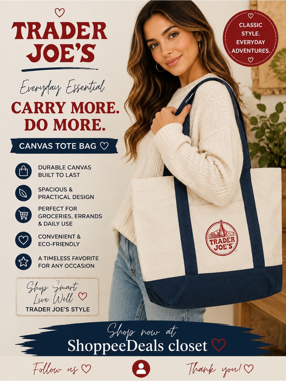 Trader Joe’s Canvas Tote Bag | Logo Reusable Shopper Navy & Natural